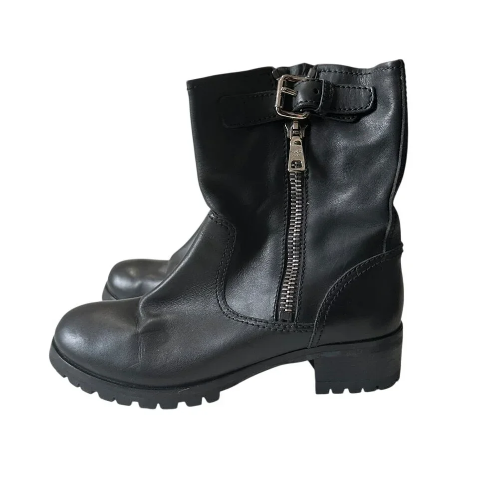 Prada Biker Boots Black Leather Lug Sole Ankle Boots EU 38.5